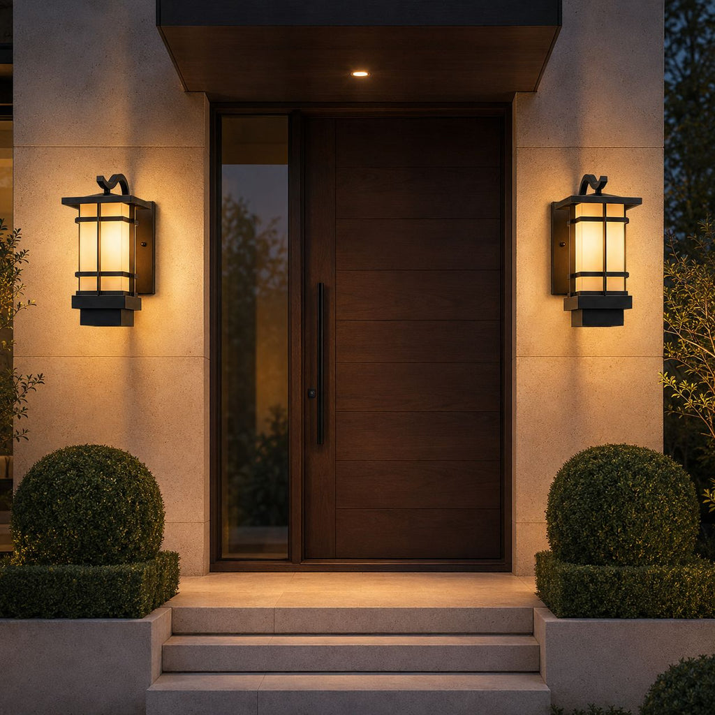 Pair of craftsman lanterns flanking a timber front door with clipped box balls