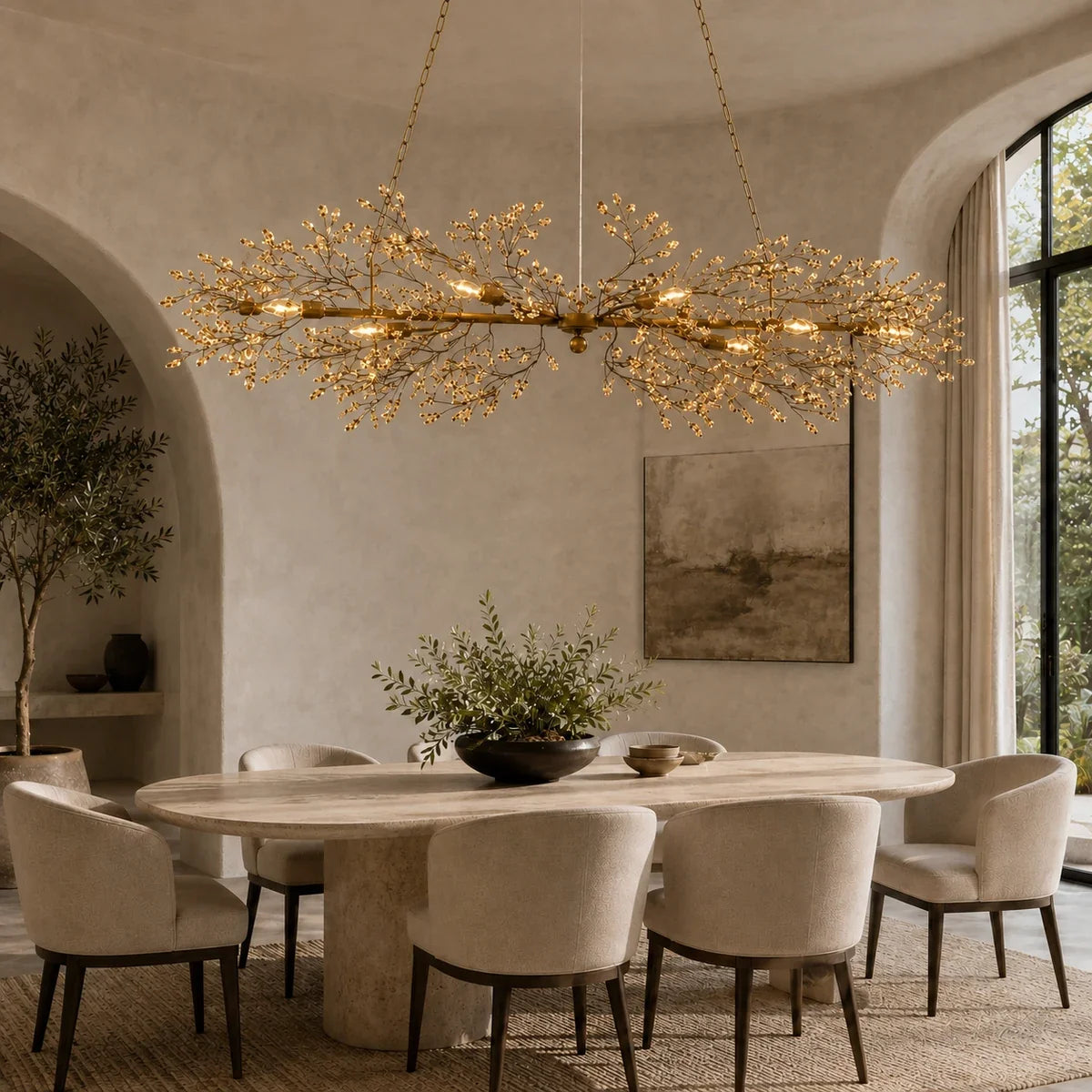 FioreChic brass and amber linear chandelier in a warm modern dining room