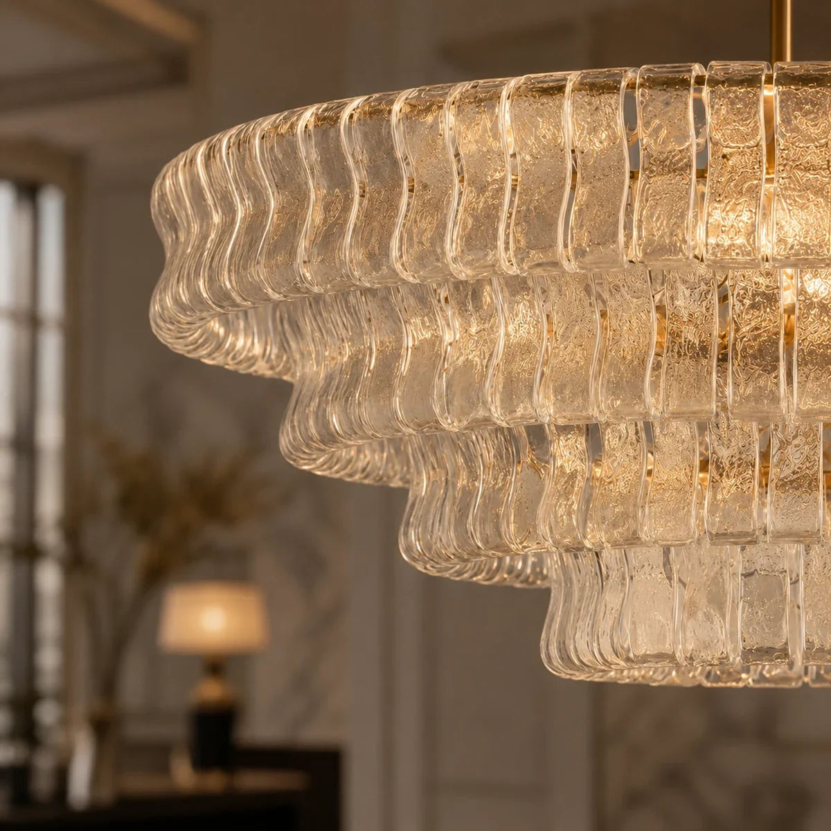Close detail of the Luminara sculpted glass tiers