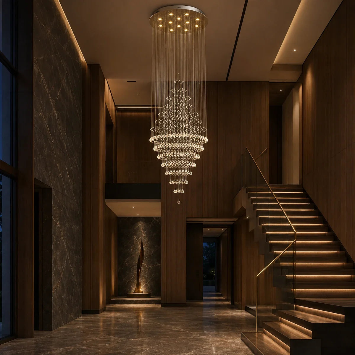 Luminara spiral crystal chandelier in a tall modern foyer