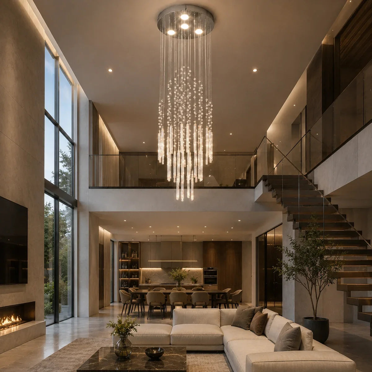 Raindrop Elegance crystal chandelier in an open-plan home