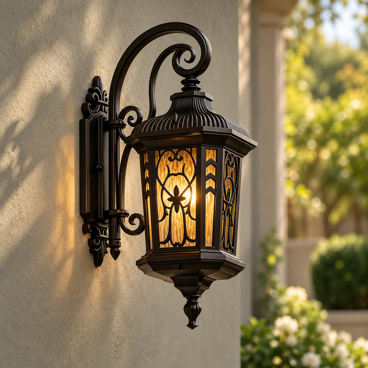 Velmora | Vintage Outdoor Wall Lantern with Ornate Metalwork, Warm 3000K LED and Glass