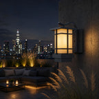 Craftsman wall lantern on a roof terrace wall with a city skyline behind