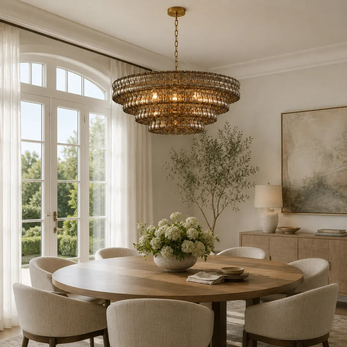 Luminara chandelier styled above a bright dining table