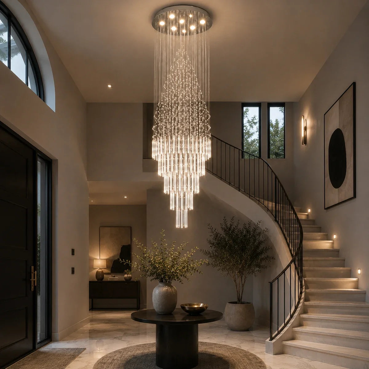 Raindrop Elegance crystal chandelier beside a curved staircase