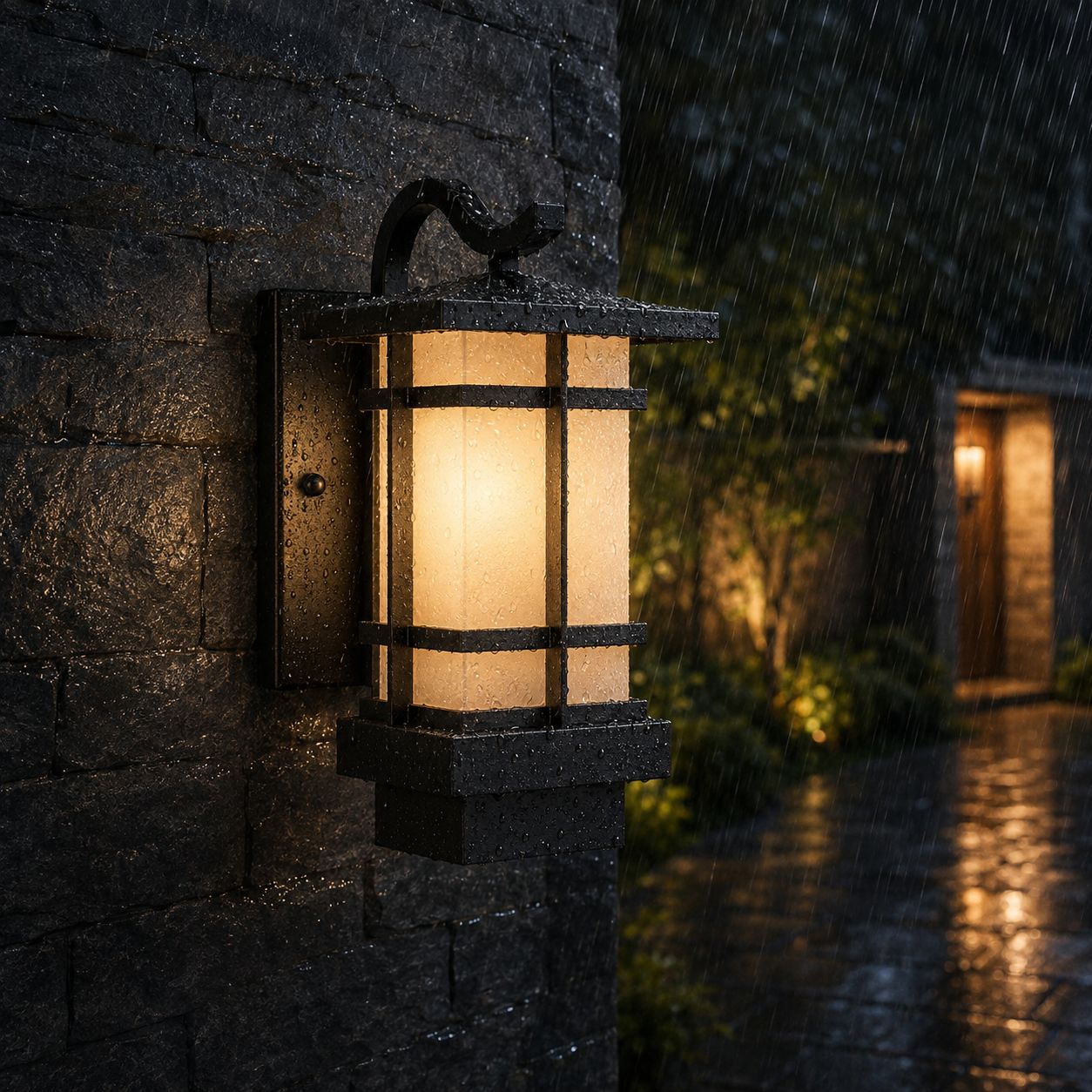 Close-up of the craftsman lantern lit in heavy rain against dark stone