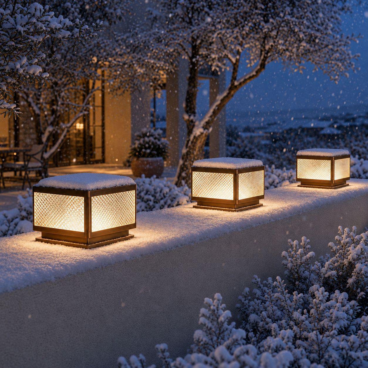 Square post cap lights on snow-covered piers beside olive trees