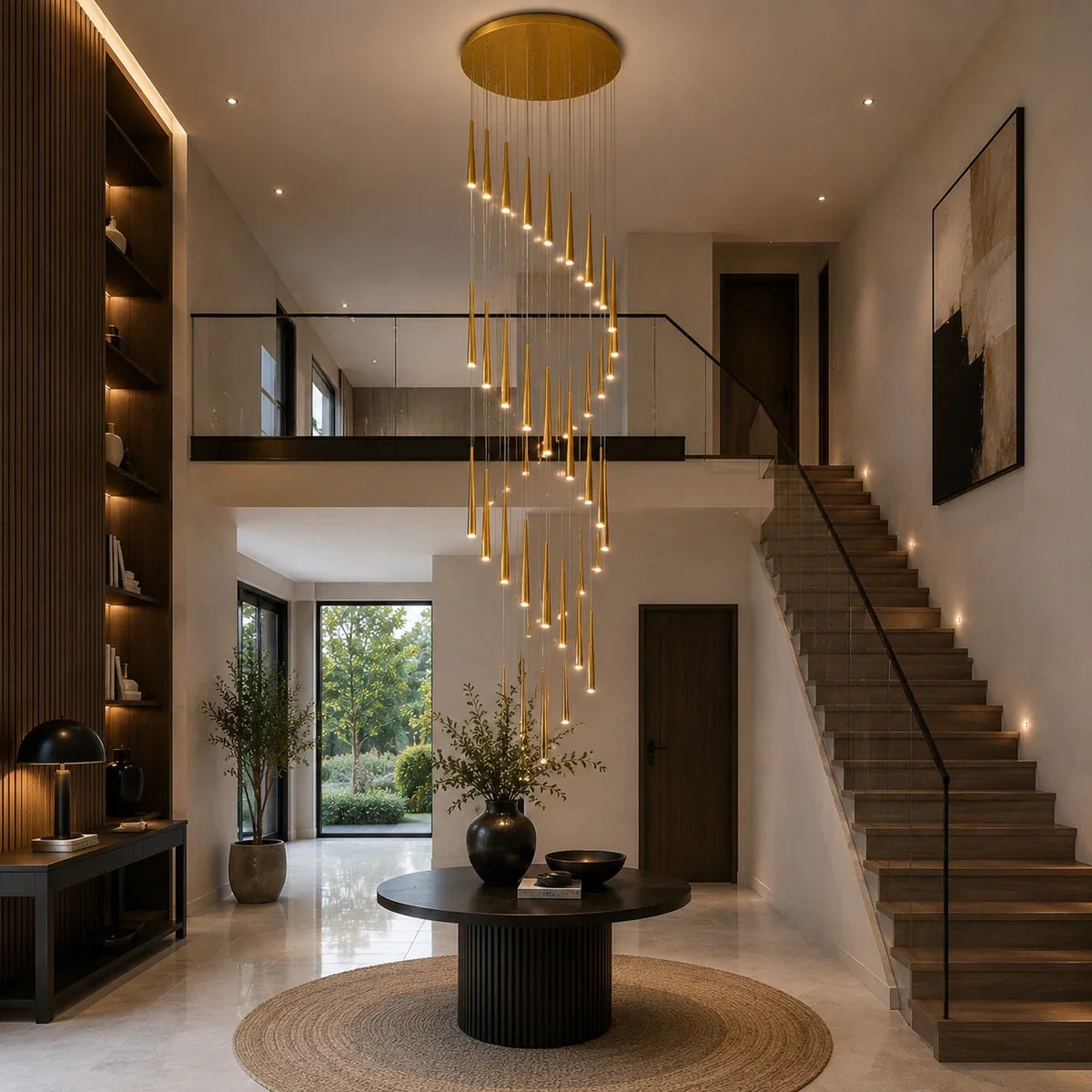 NordicAura grand gold pendant cluster in a double-height interior