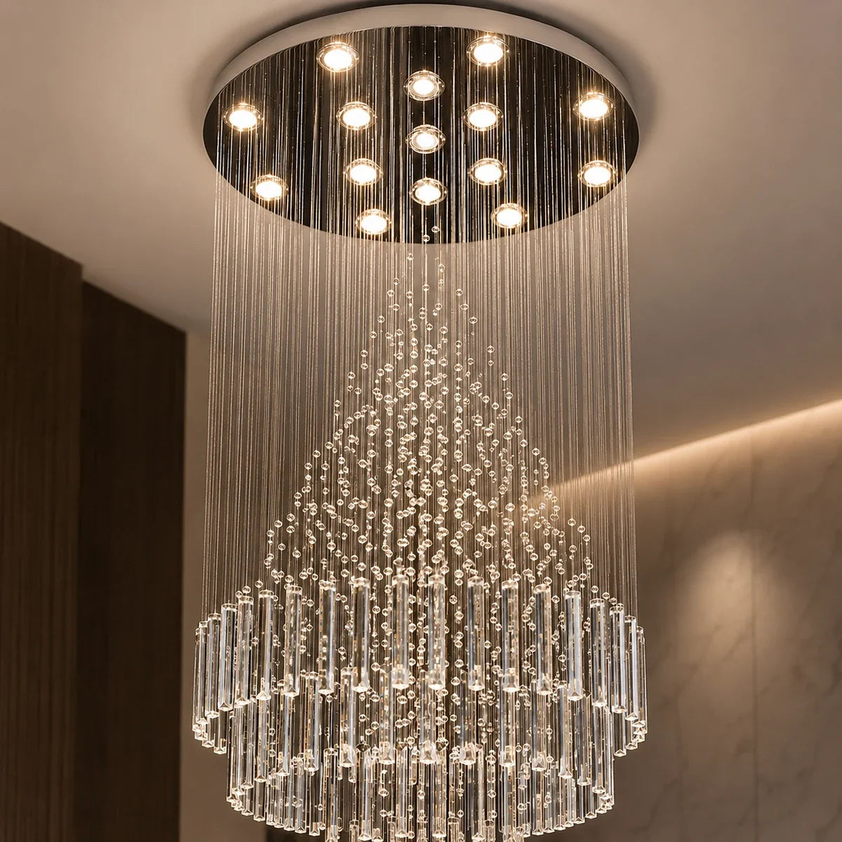 Close detail of the Raindrop Elegance crystal canopy and cascade