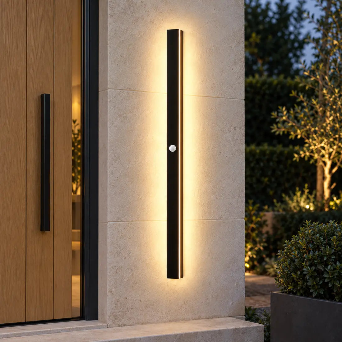 SilexStone black outdoor wall light with warm white light and motion sensor beside an oak doorway