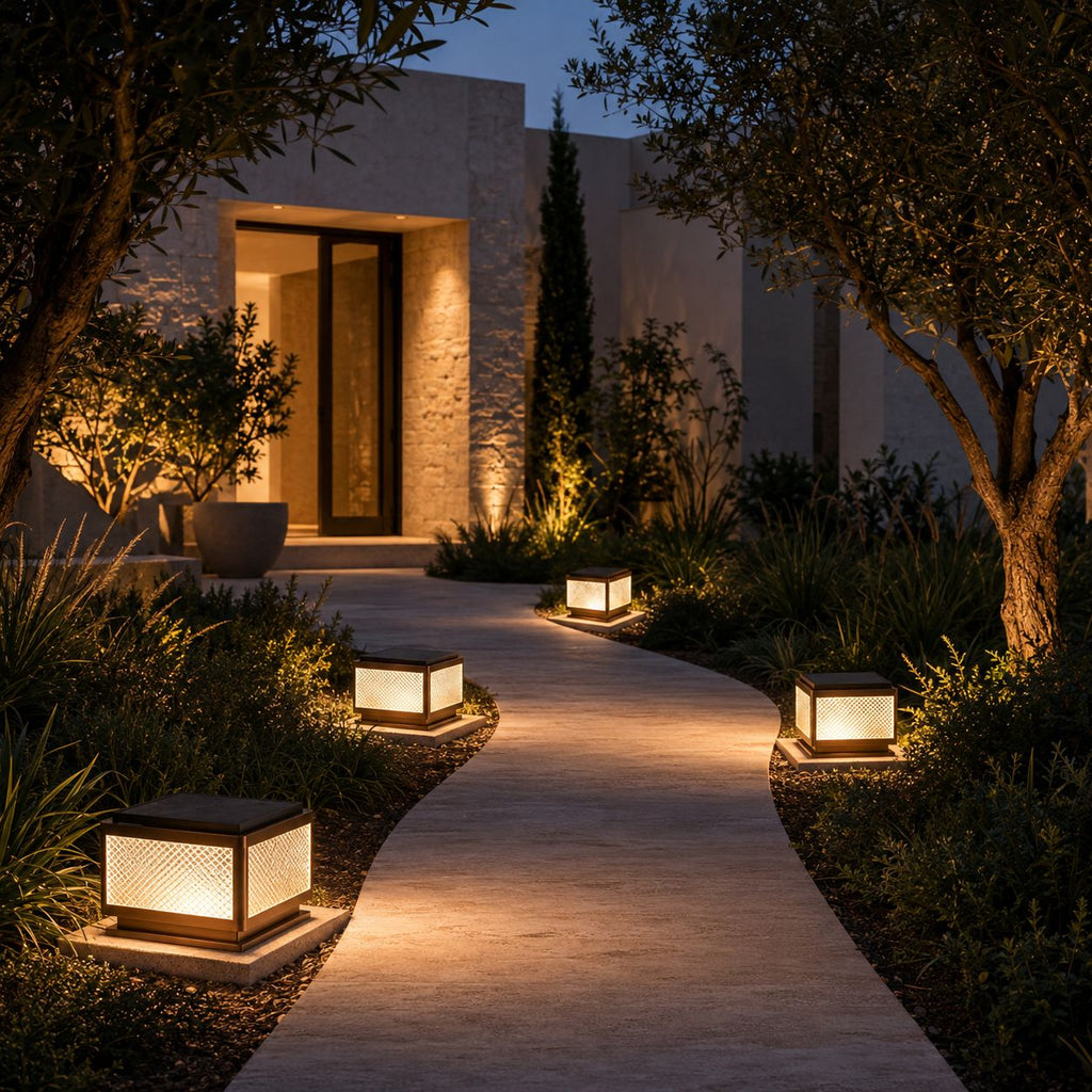 Post cap lights lining a path to a modern entrance at dusk
