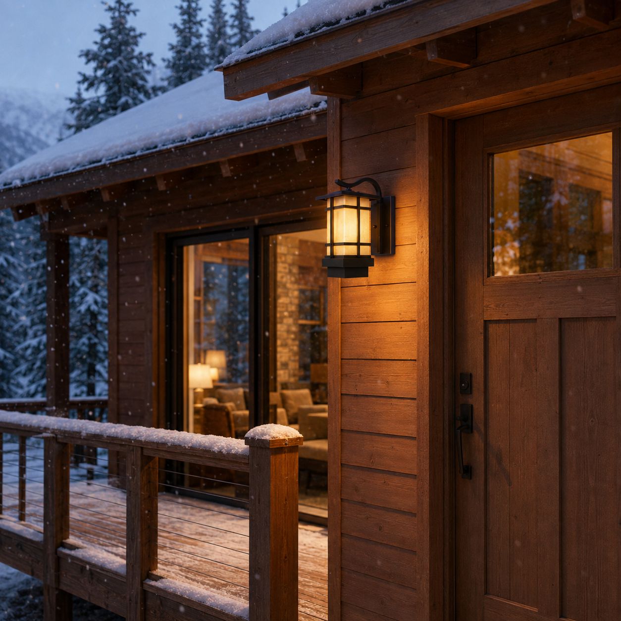Craftsman lantern on timber cabin cladding during snowfall, lit interior behind