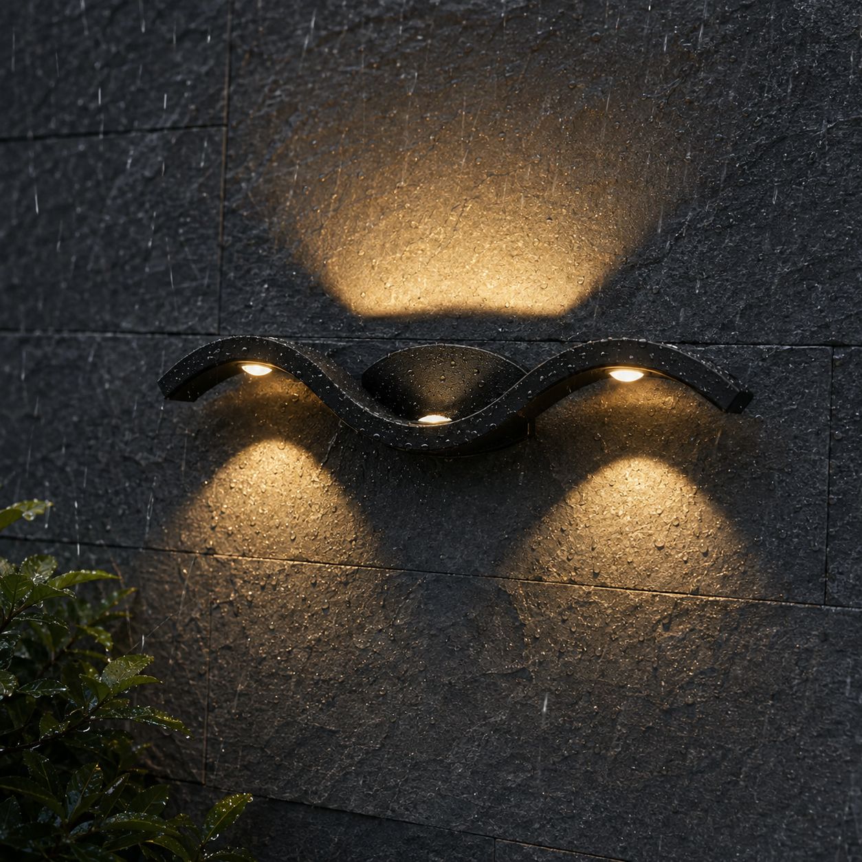 Close-up of the wave form on dark stone showing all three LED lenses lit