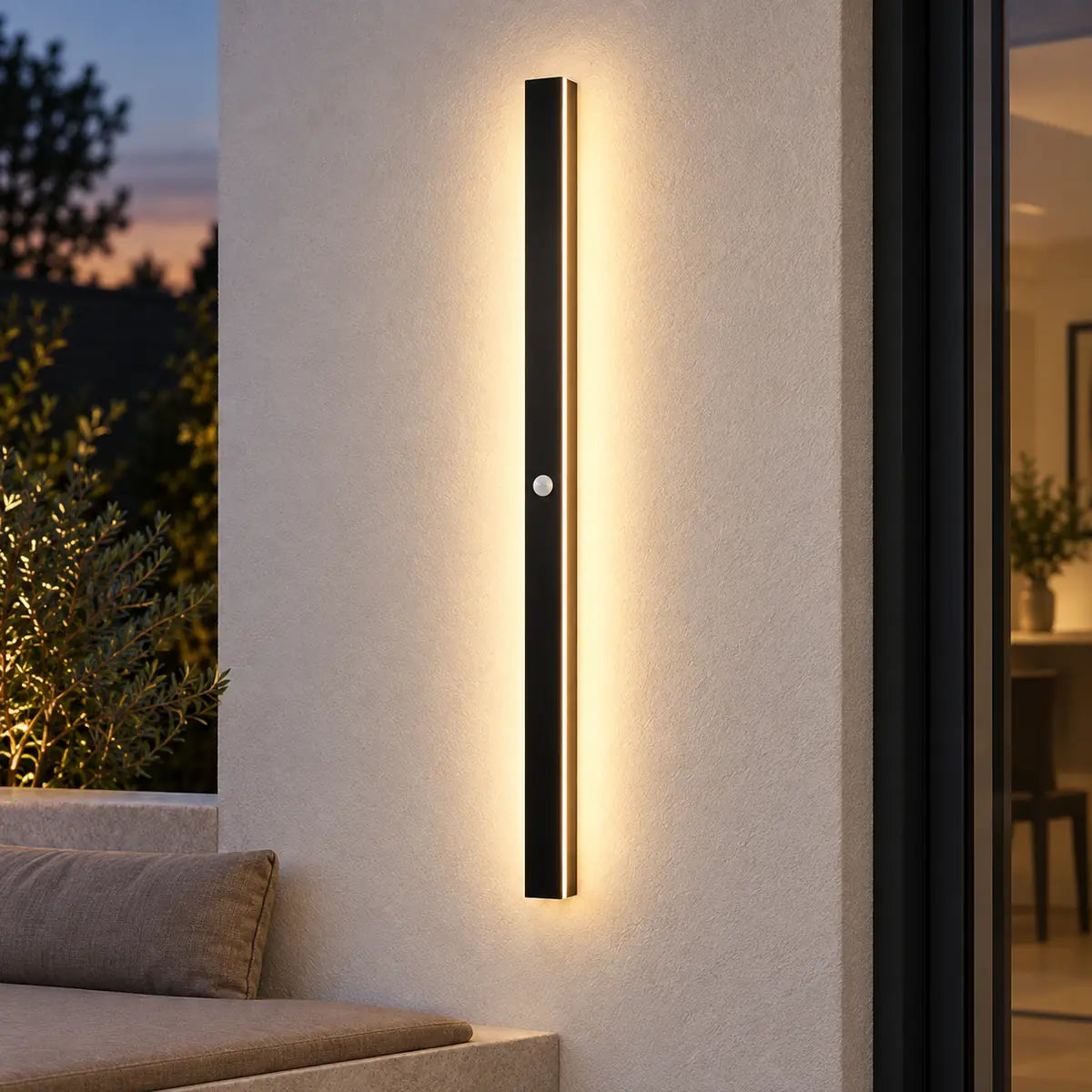 SilexStone dimmable black outdoor wall light with motion sensor on a sheltered terrace