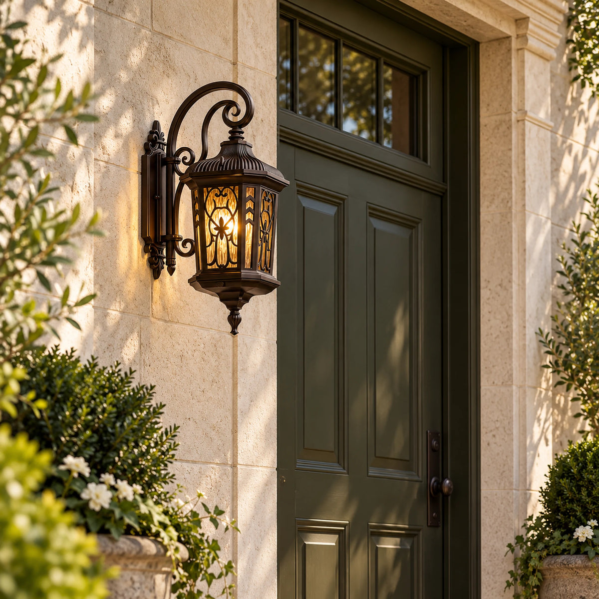 Velmora | Vintage Outdoor Wall Lantern with Ornate Metalwork, Warm 3000K LED and Glass