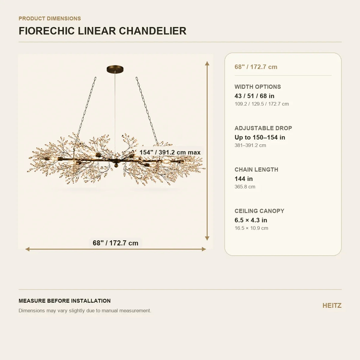 FioreChic | Elegant Dimmable Metal and Glass Linear Chandelier