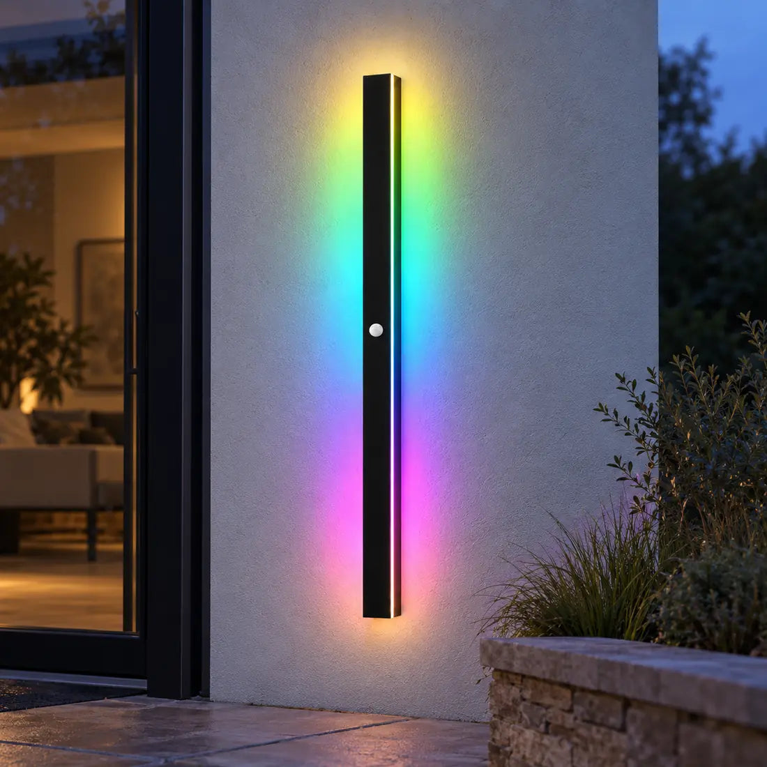 SilexStone black RGB outdoor wall light with motion sensor in a courtyard