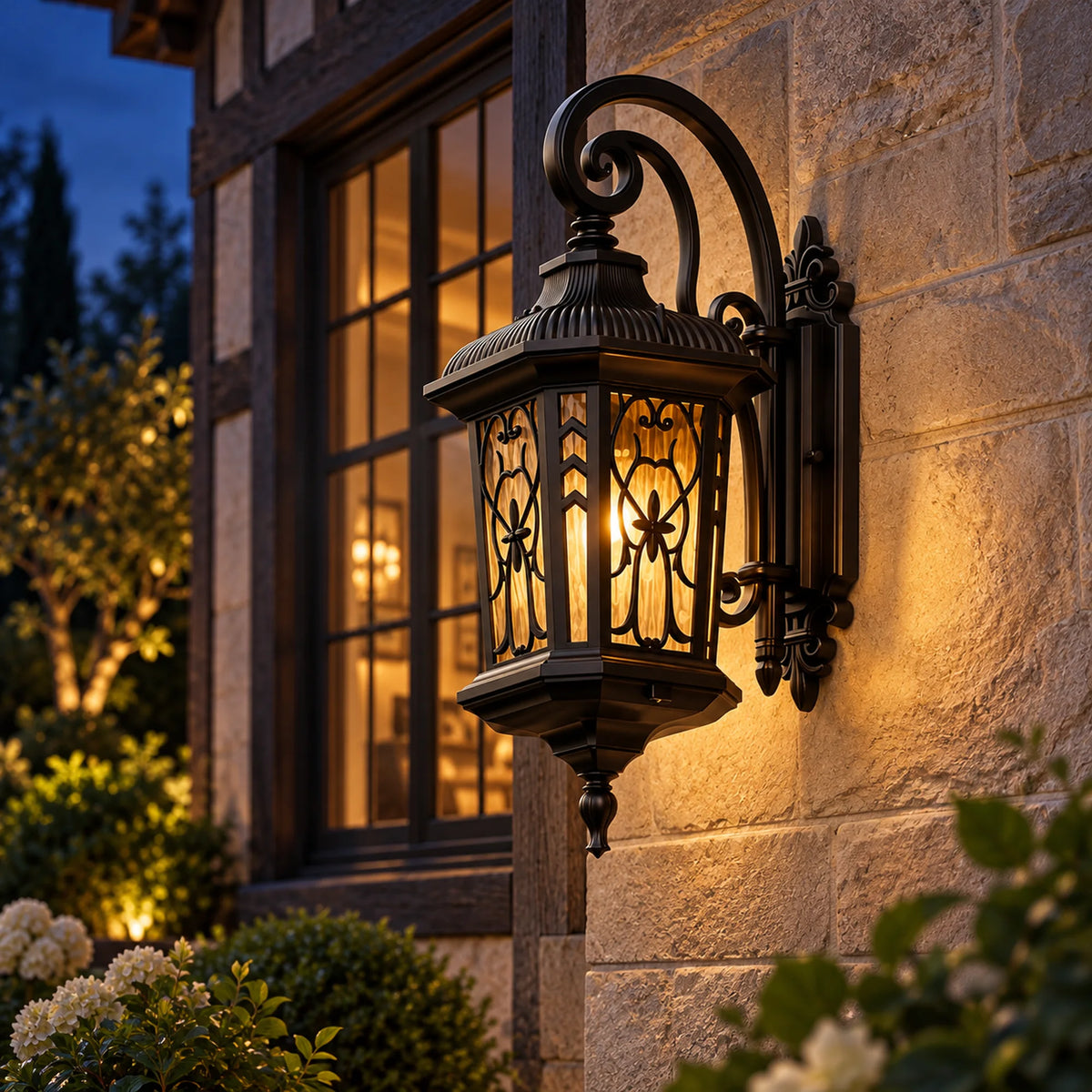 Velmora | Vintage Outdoor Wall Lantern with Ornate Metalwork, Warm 3000K LED and Glass