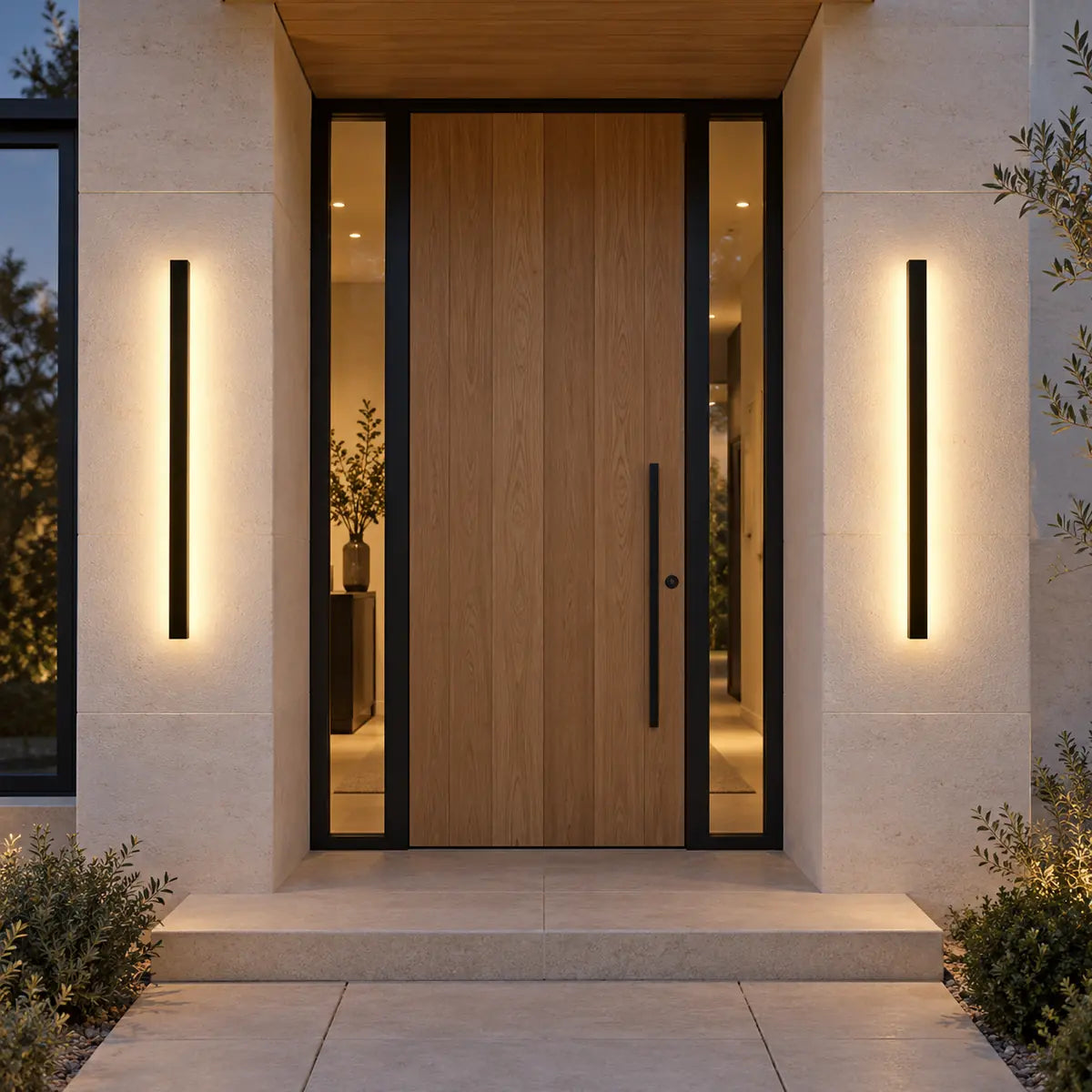 Two SilexStone black outdoor wall lights with warm white light beside an oak entrance door