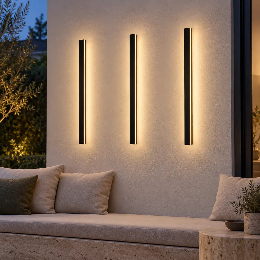 Three SilexStone black outdoor wall lights with warm white light above a garden patio bench