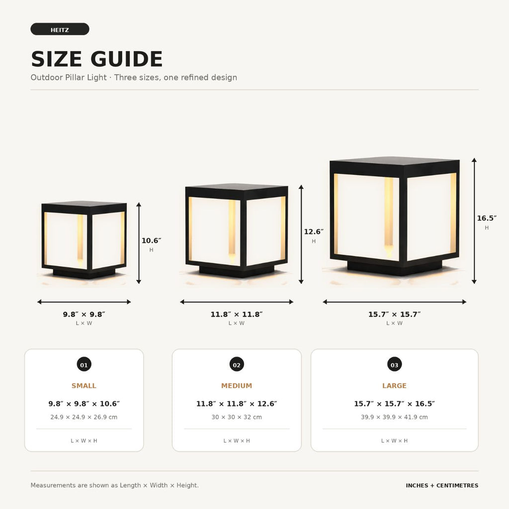Size guide comparing the small, medium and large outdoor pillar light, 9.8 to 15.7 inches