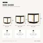 Size guide comparing the small, medium and large outdoor pillar light, 9.8 to 15.7 inches