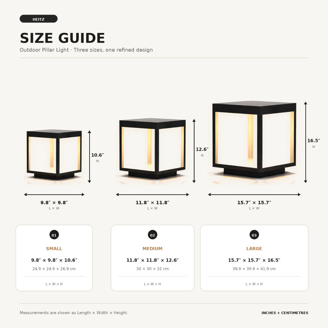 Size guide comparing the small, medium and large outdoor pillar light, 9.8 to 15.7 inches