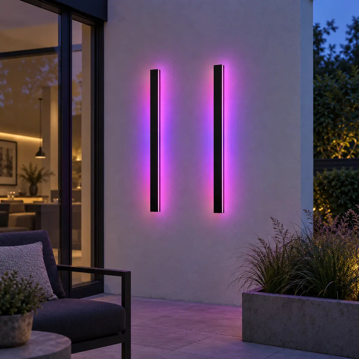 Two SilexStone black RGB outdoor wall lights with purple light in a courtyard