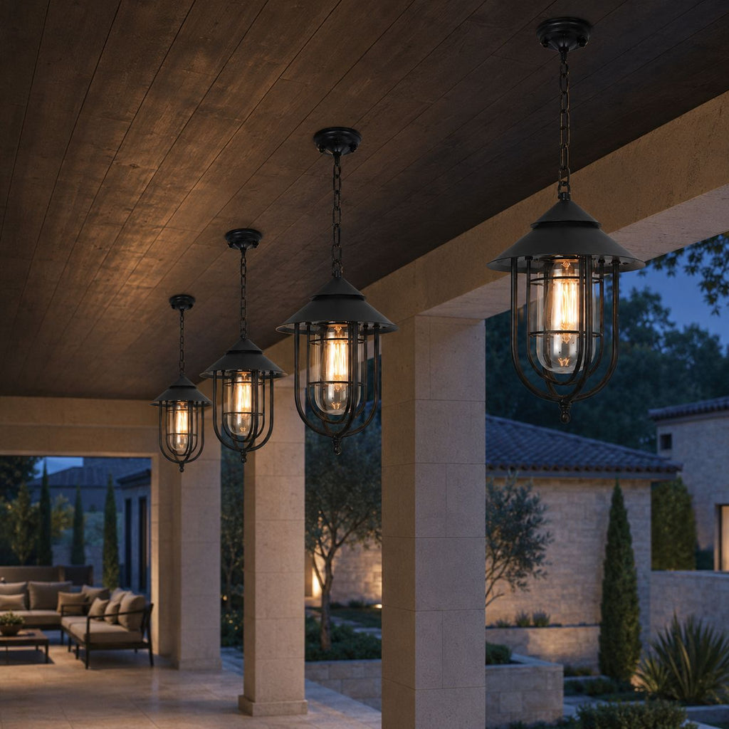 Caged Outdoor Pendant Light | Vintage Porch Lantern, Black or Bronze