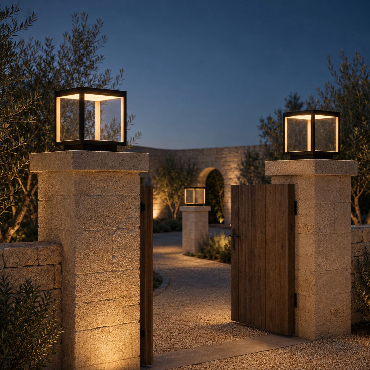 Pair of cube pillar lights on rustic stone gate posts beside a wooden garden gate at dusk