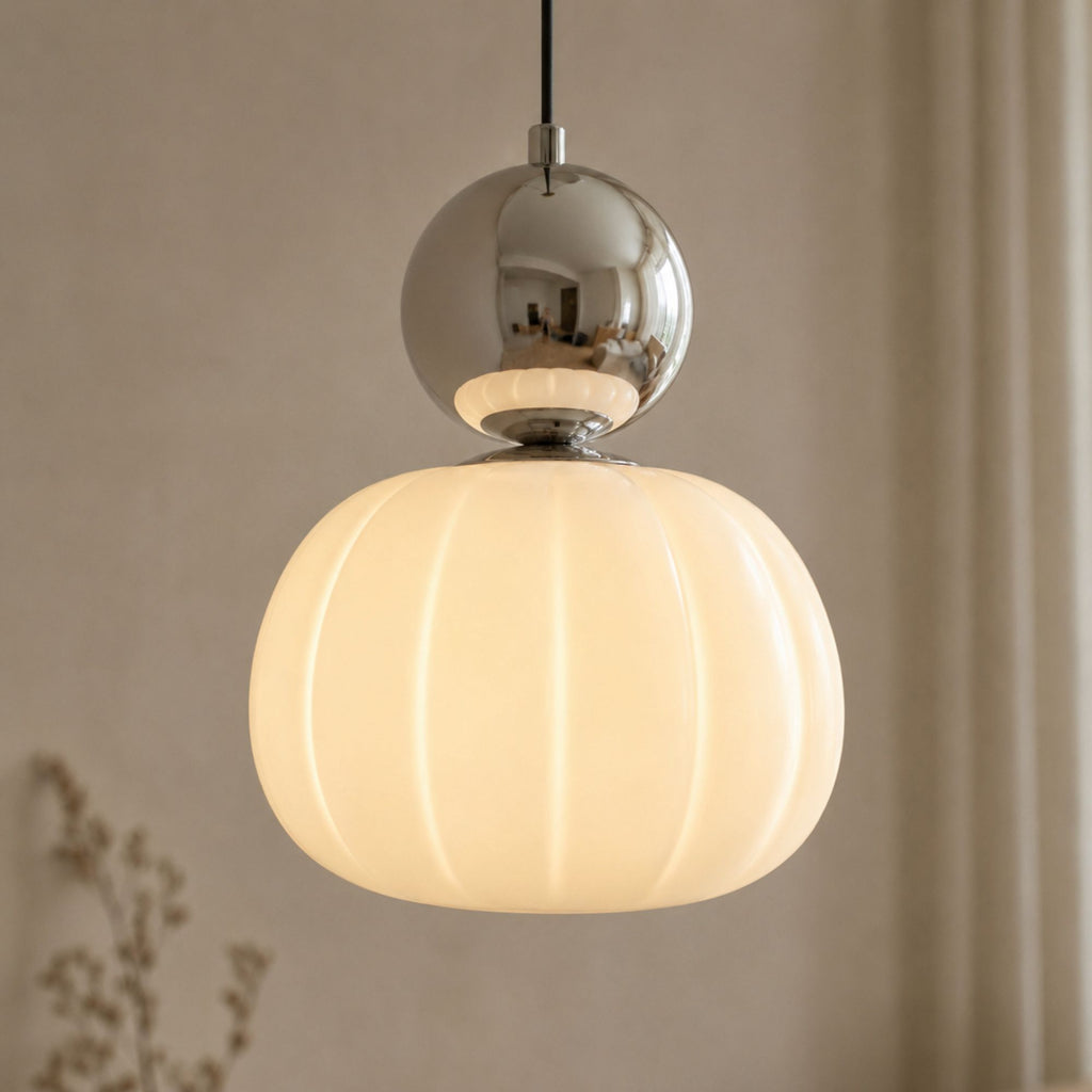 Modern Silver Bauhaus Pendant Light | Opal Glass Dining Room Lamp