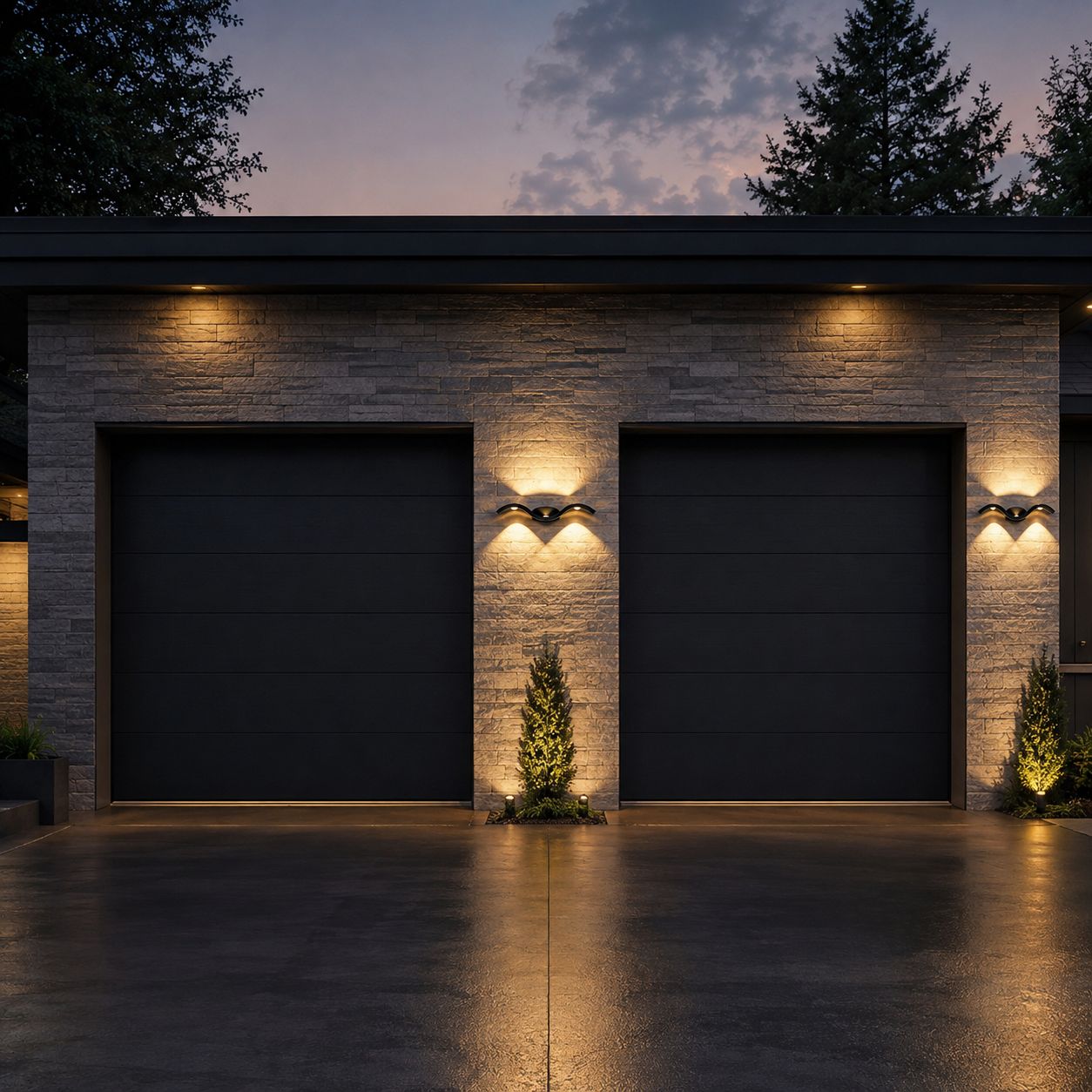 Two wave wall lights above black garage doors on a stone facade at night