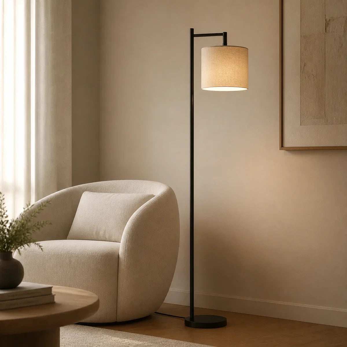 Luminara | Elegant Adjustable Height Arc Floor Lamp with Fabric Shade — lifestyle close-up