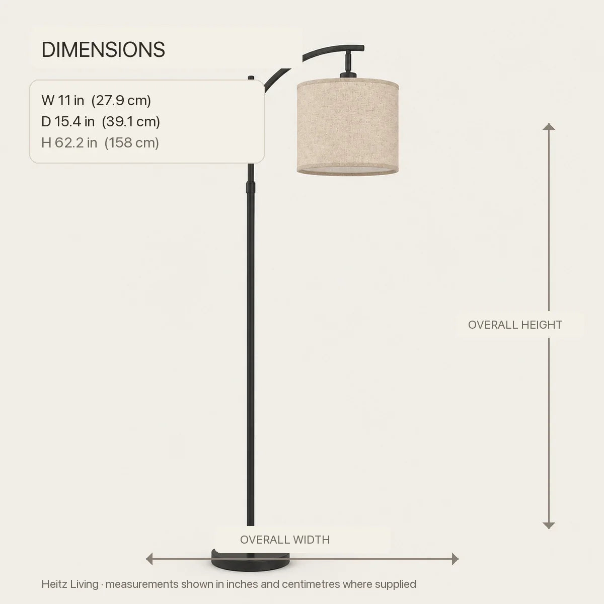 Luminara | Elegant Adjustable Height Arc Floor Lamp with Fabric Shade — illustrated size guide