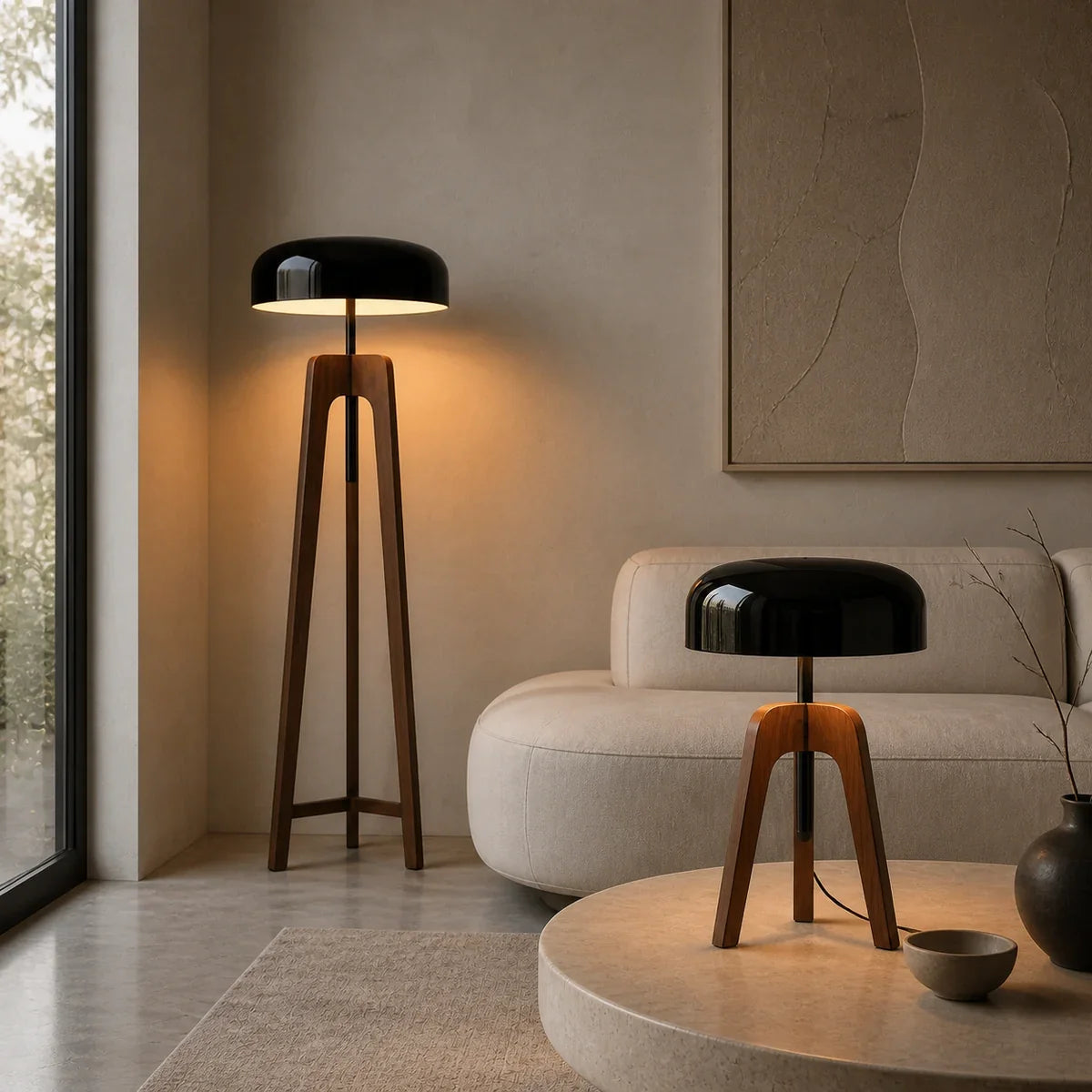 AlfredLamp | Stylish Modern Black Floor Lamp with Walnut Wood Base