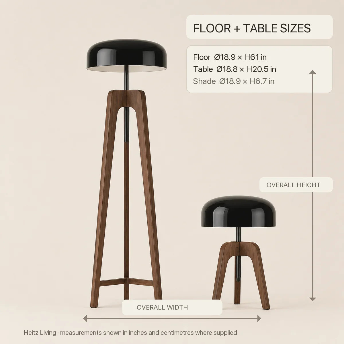 AlfredLamp | Stylish Modern Black Floor Lamp with Walnut Wood Base — illustrated size guide