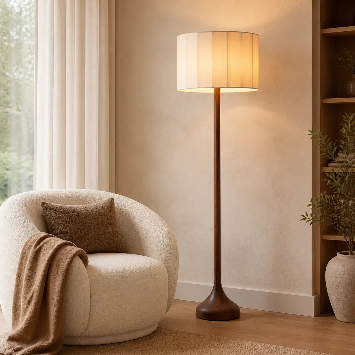 Ashwood Elegance | Modern Slim Standing Floor Lamp with Fabric Shade