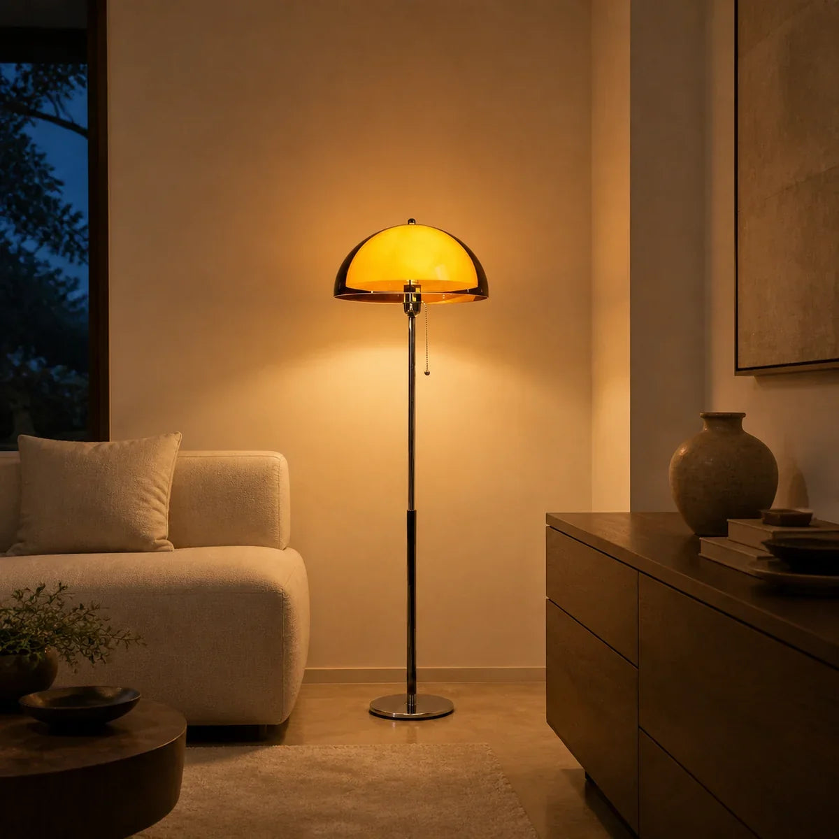 Amber mushroom floor lamp illuminating a modern living room at night