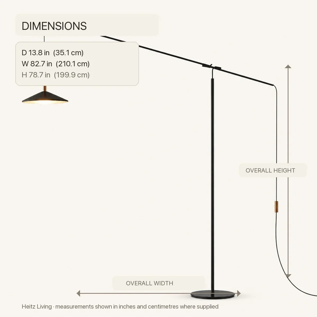 Nocturna | Sleek Modern Black Floor Lamp for Living Room Illumination — illustrated size guide