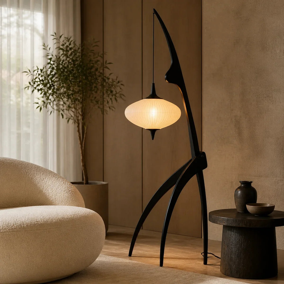 WalnutGlow | Elegant Modern Tripod Floor Lamp for Cozy Living Room Lighting — product view