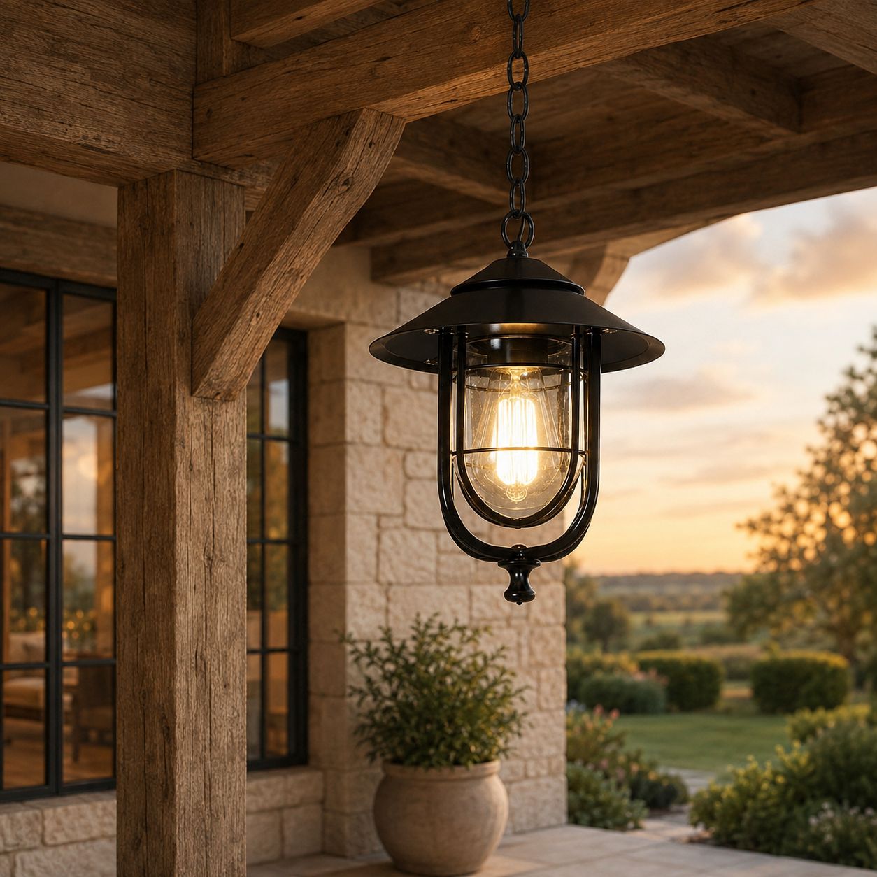 Caged Outdoor Pendant Light | Vintage Porch Lantern, Black or Bronze