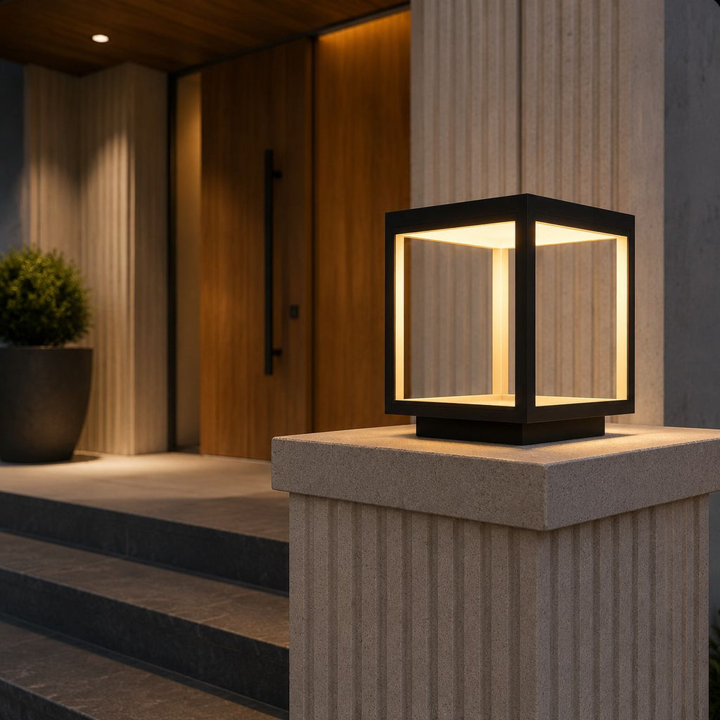 Stainless steel cube pillar light on a fluted stone pier beside a modern timber front entrance