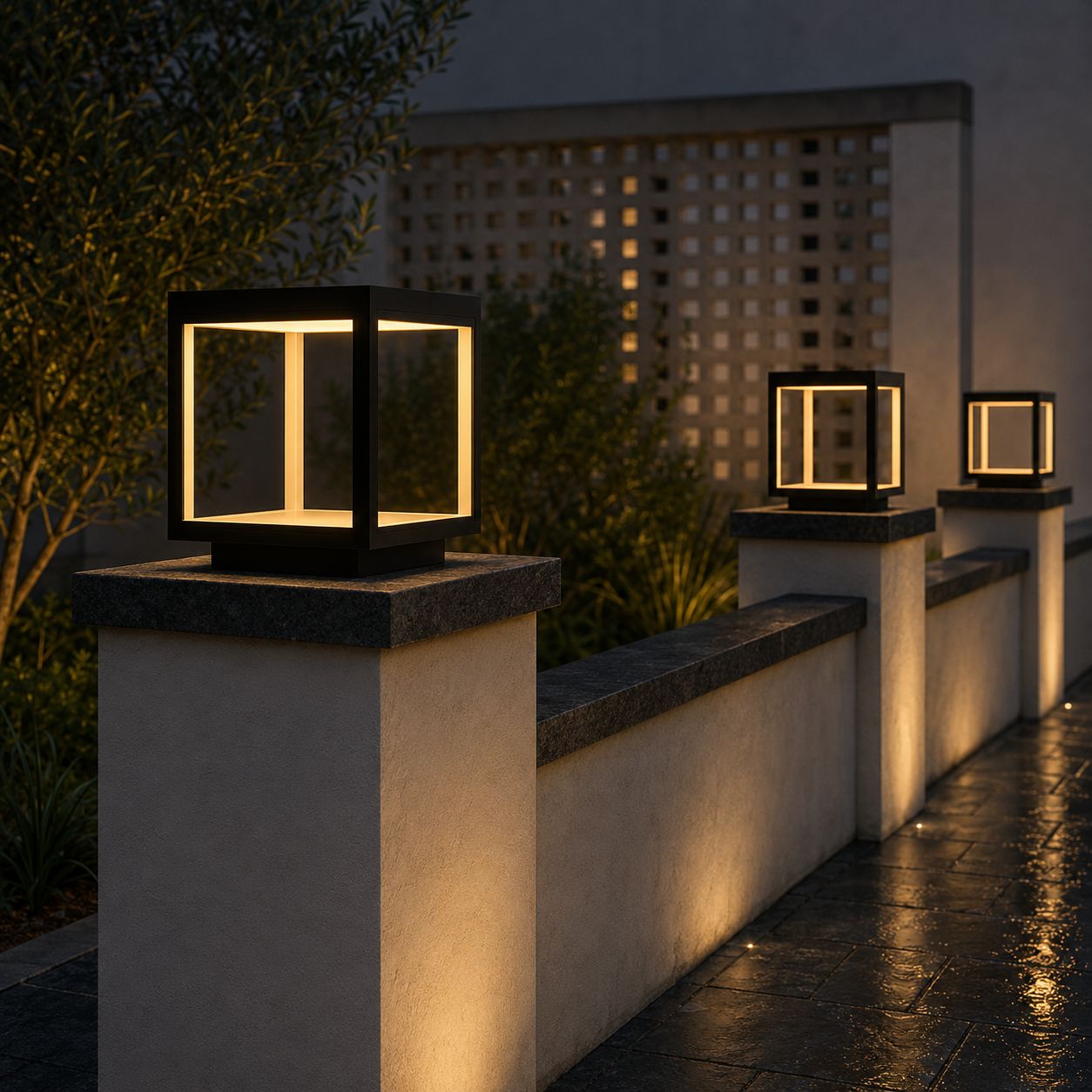 Black stainless steel cube pillar light on a white garden wall, with two more lights along the wall at dusk