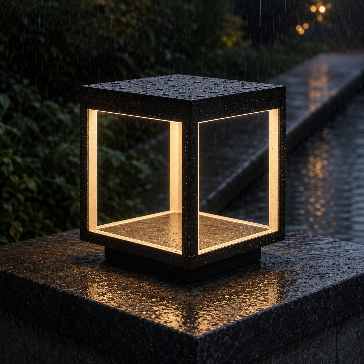 Close-up of rain beading on the IP54 rated top of a black outdoor pillar light