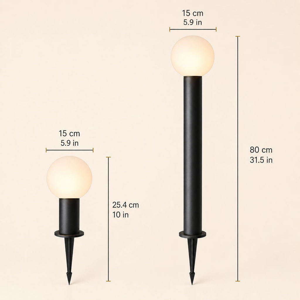 Size guide comparing the 25.4cm and 80cm globe bollard lights, both with a 15cm globe
