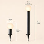 Size guide comparing the 25.4cm and 80cm globe bollard lights, both with a 15cm globe