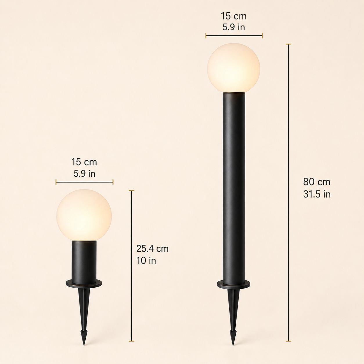 Size guide comparing the 25.4cm and 80cm globe bollard lights, both with a 15cm globe