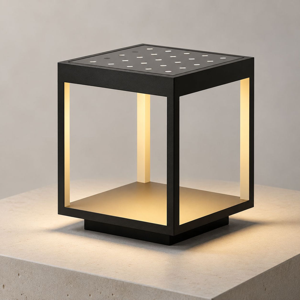Solar version of the cube pillar light showing the integrated solar panel on the top plate