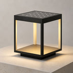 Solar version of the cube pillar light showing the integrated solar panel on the top plate