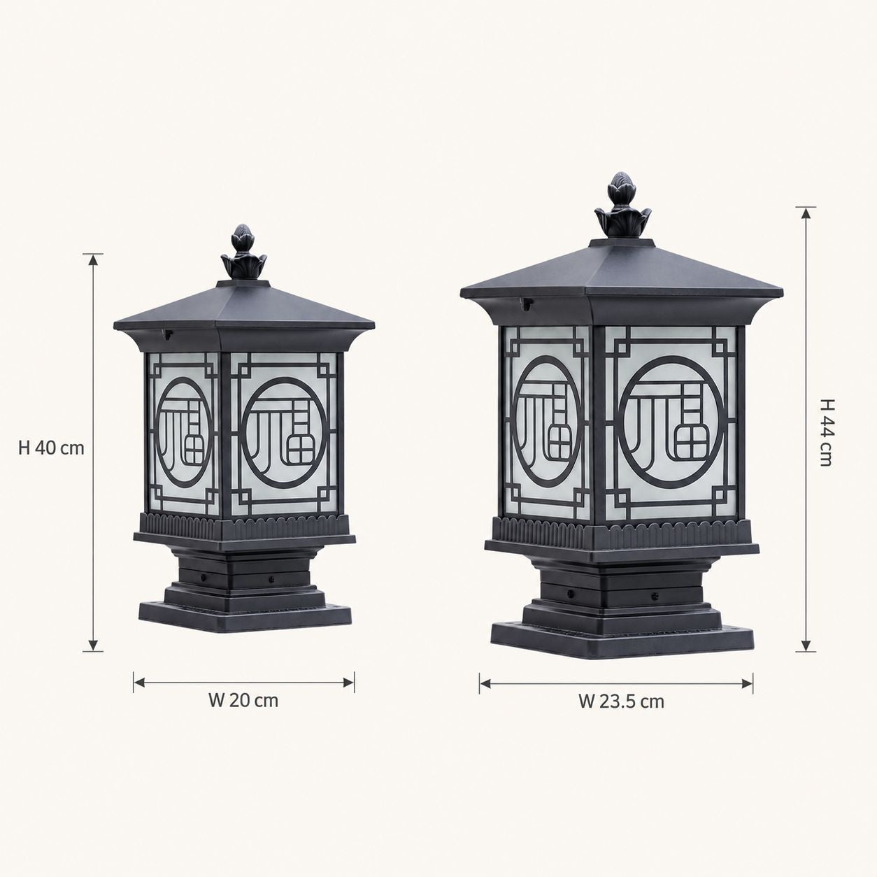 Size guide comparing the 40cm and 44cm tall lantern post caps